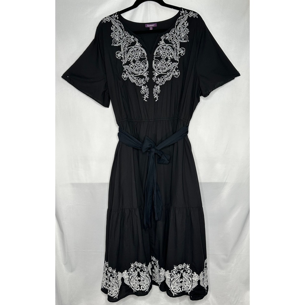 Roamans Black Cotton Embroidered V-Neck Midi Dress Belt Boho Sz 30/32